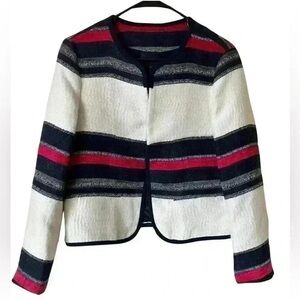 Zara Basic Blazer Jacket M Women Ivory Blue Pink Stripe Poly Wool